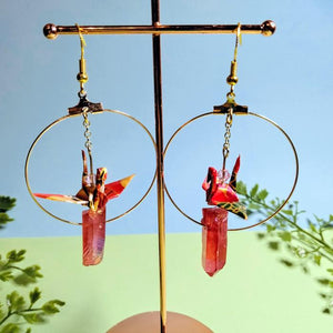 Red Hoop Origami Crane Earrings with Aura Quartz