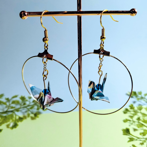 Blue Hoop Origami Crane Earrings