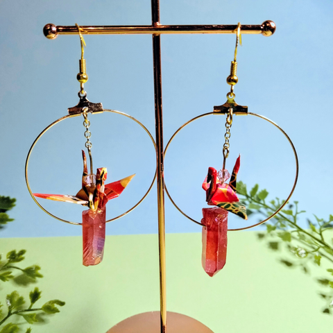 Red Hoop with Crystal Origami Crane Earrings