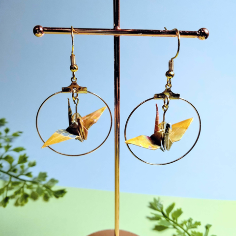 Yellow Mini Hoop Origami Crane Earrings